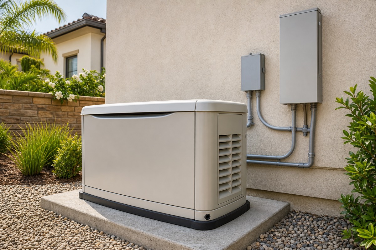 Standby backup generator and transfer equipment installed beside a home
