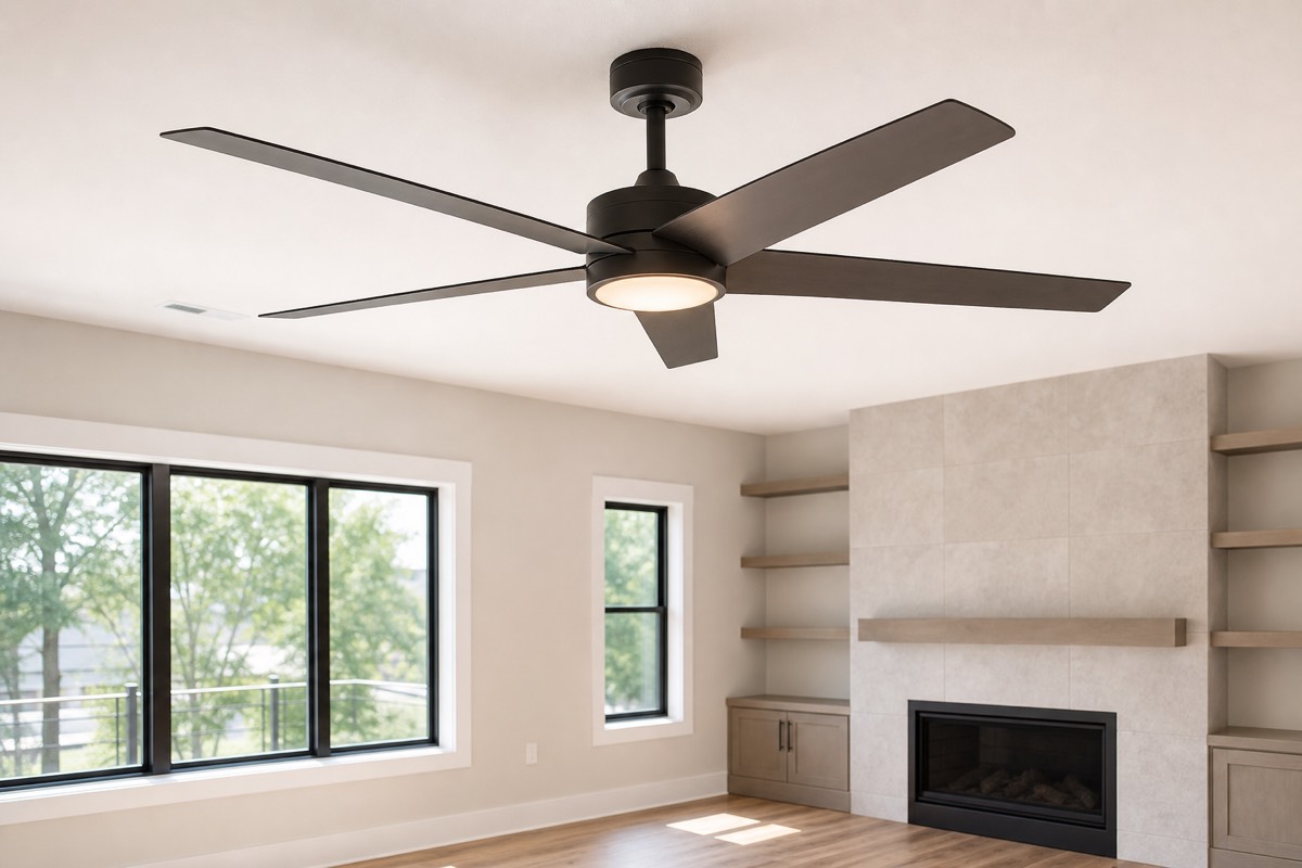 Modern ceiling fan with an integrated light installed in a living room