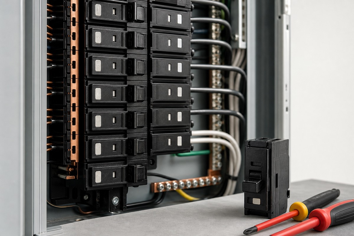 Close view of modern circuit breakers and organized electrical panel wiring