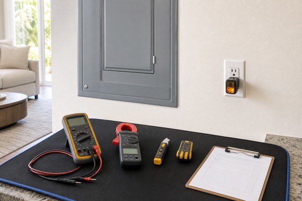 Electrical inspection tools staged beside an open residential breaker panel