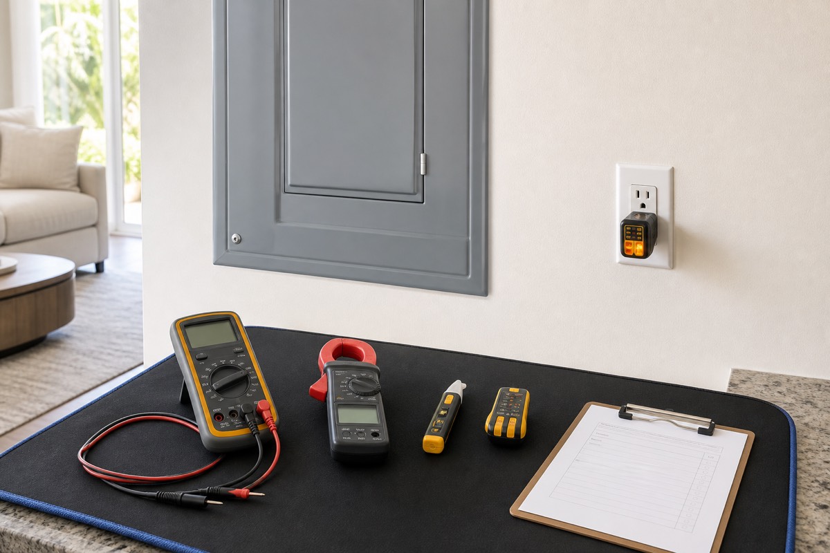 Electrical inspection tools staged beside an open residential breaker panel