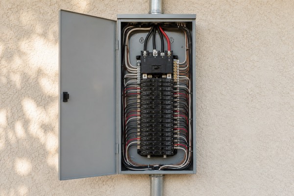 Modern electrical breaker panel installed in a residential garage