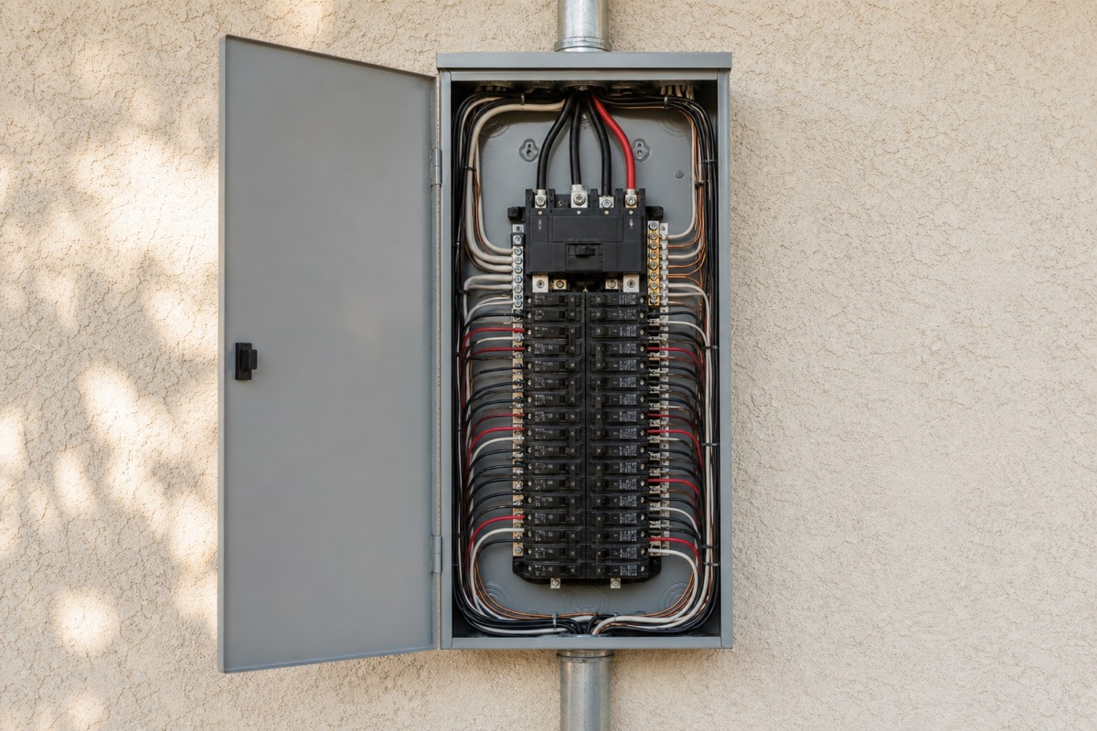 Modern electrical breaker panel installed in a residential garage