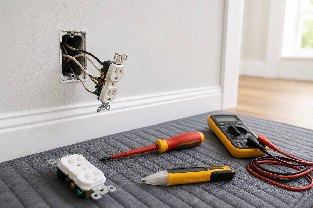 Outlet repair tools and replacement receptacles arranged on a work mat