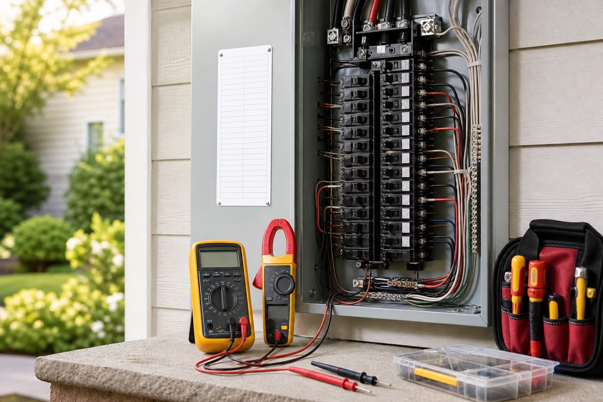 Electrical testing meters beside an open residential breaker panel