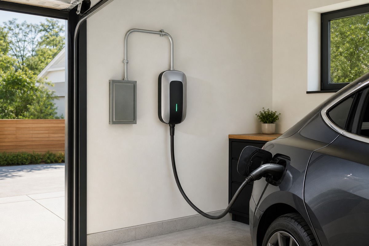 Wall-mounted Level 2 EV charger installed in a residential garage