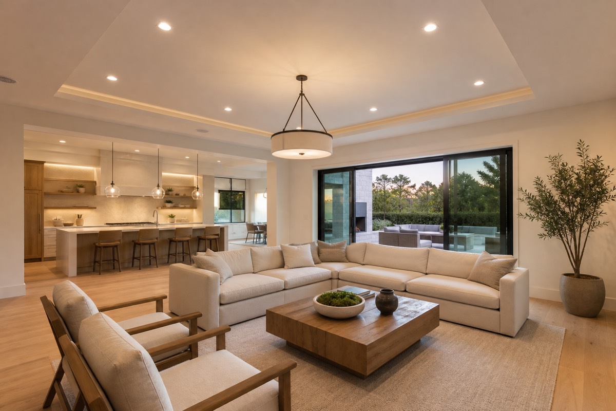 Recessed LED and pendant lighting illuminating a modern living room