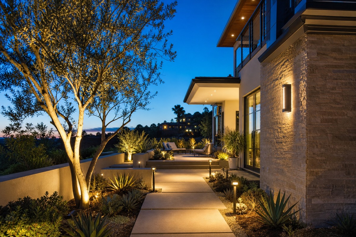 Landscape and pathway lighting illuminating a home exterior at dusk