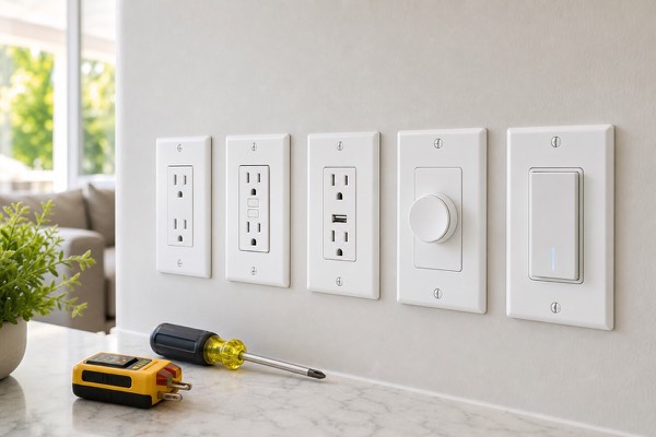 Modern outlets, dimmer, and smart switches installed on an interior wall