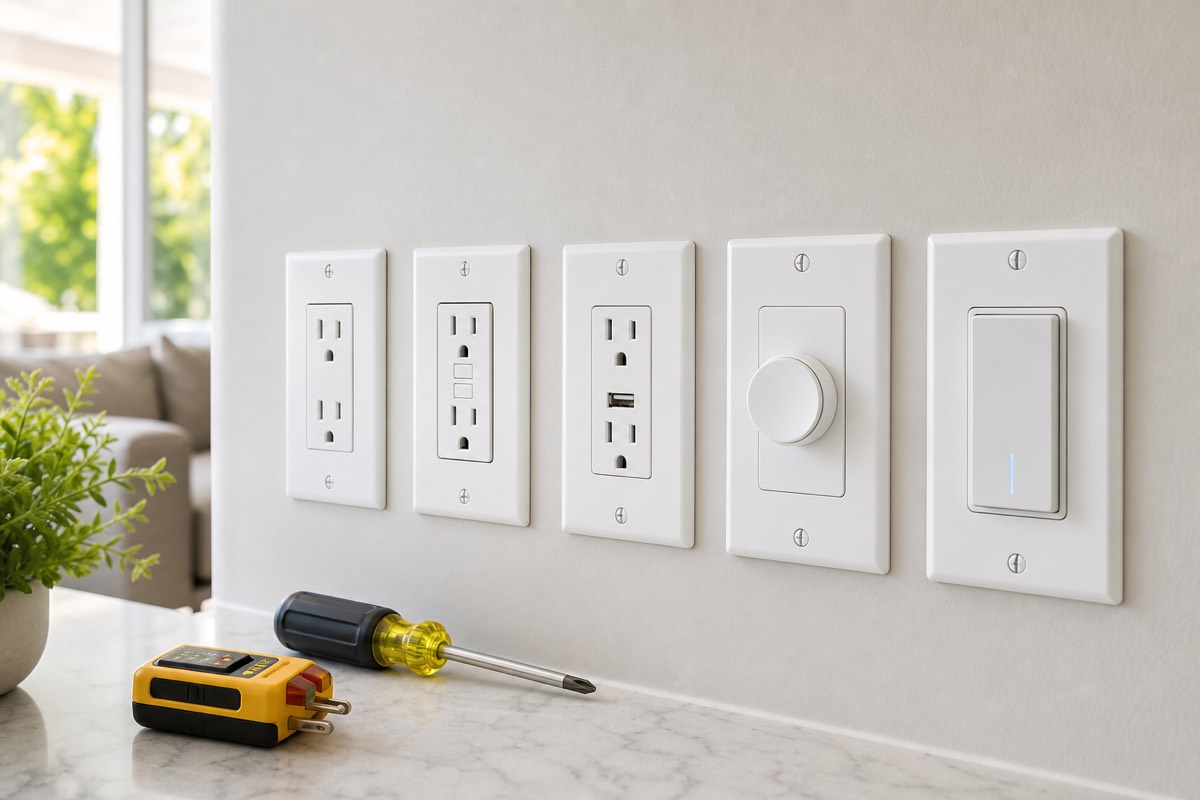 Modern outlets, dimmer, and smart switches installed on an interior wall