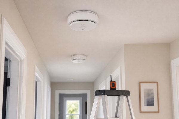 Interconnected smoke and carbon monoxide detectors installed in a hallway