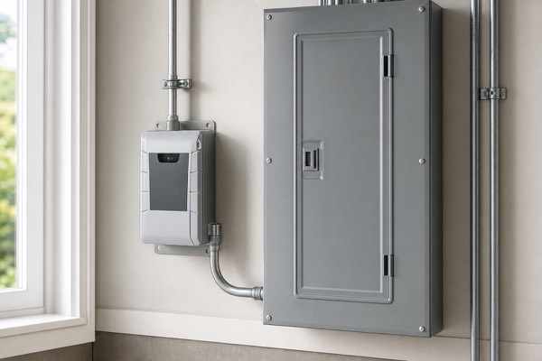 Whole-home surge protector installed beside a residential electrical panel