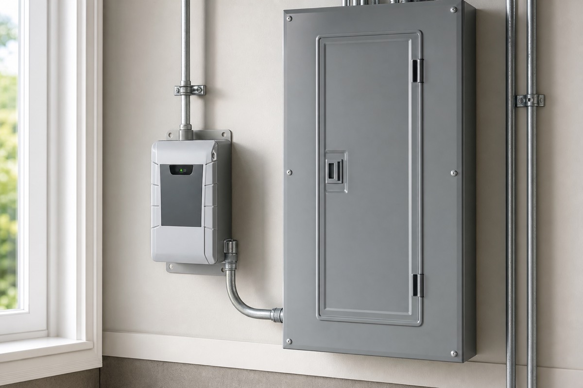 Whole-home surge protector installed beside a residential electrical panel