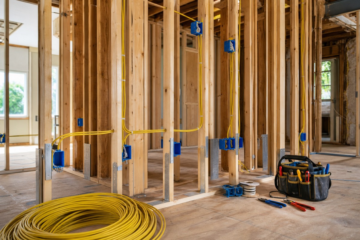 New electrical wiring routed through open wall framing during a home renovation